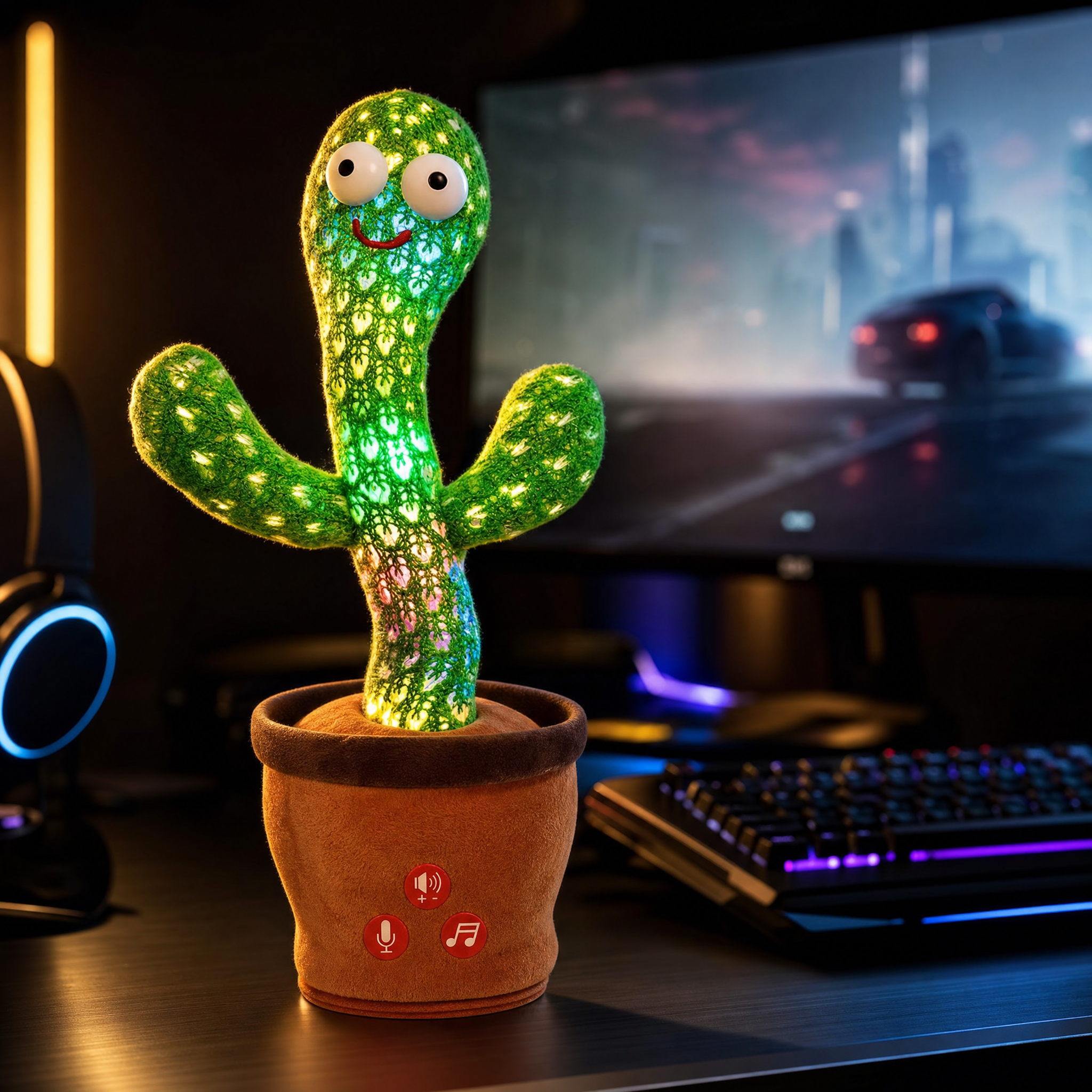 BB Cactus talking dancing cactus toy with LED lights on a modern desk — brand lifestyle shot