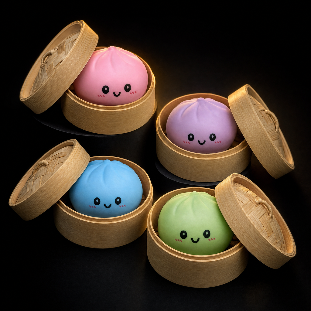 BB Dumpling kawaii squishy stress toys in mini bamboo steamers on a warm desk — brand lifestyle shot